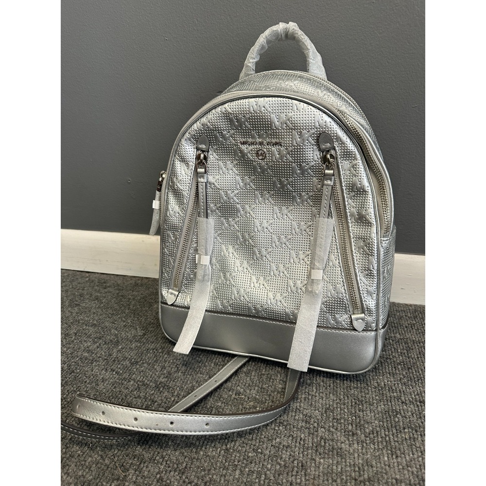 Michael Kors Brooklyn Backpack Medium Bag Silver Metallic Signature MK Logo NEW